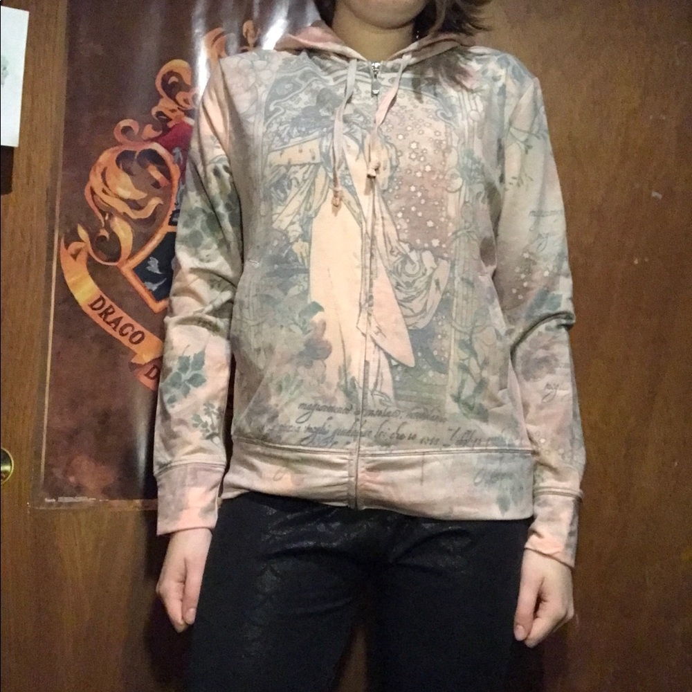 Green Tea Ladies Medium Faded Pink Graphic Floral Zip-Up Hoodie